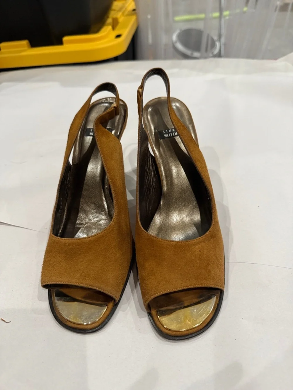 Stuart Weitzman Suede Slingback Peep-Toe Heels in Cognac Brown with Gold Cap